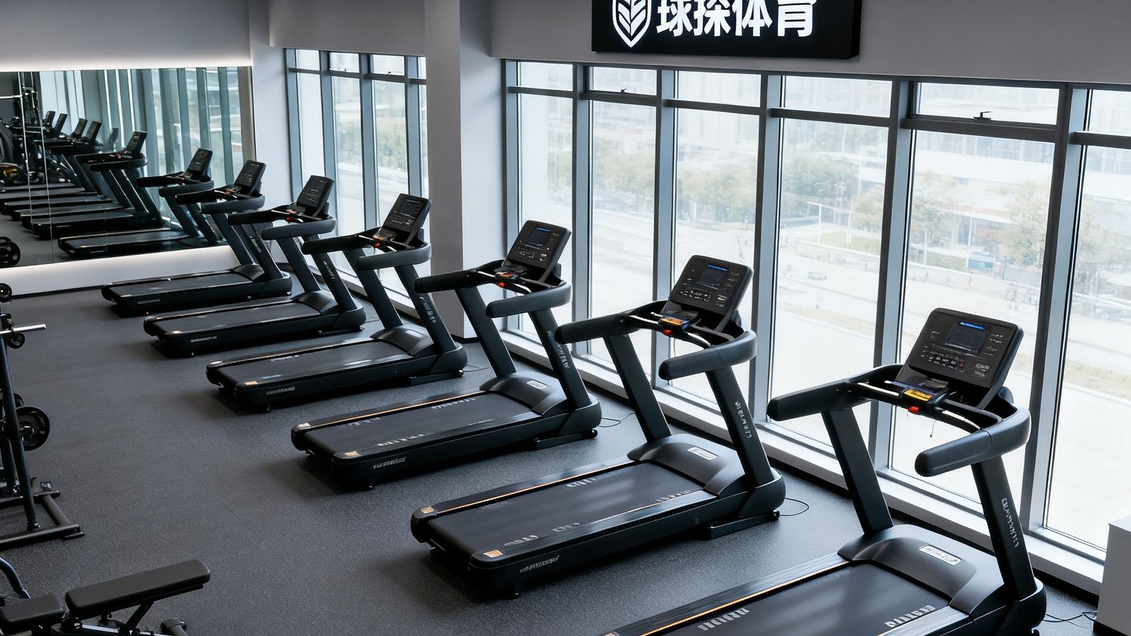 宽敞明亮的商用健身房内景，多台黑色商用跑步机整齐排列于落地窗前，自然光线充沛，地面铺设深灰色专业减震地胶，墙面悬挂球探体育品牌标识牌，整体空间现代大气