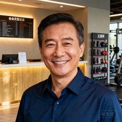力美健身连锁品牌创始人王建国的正面半身肖像照，中年男士身着深蓝色商务休闲衬衫，面带自信微笑，背景为健身房接待区