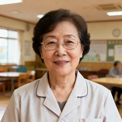 阳光社区体育中心主任李敏的半身肖像，中年女士戴着细框眼镜，气质亲切，身穿浅色工作服，背景是社区活动中心