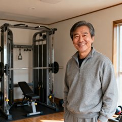 私人别墅业主陈志远的半身生活照，中年男士穿着灰色休闲运动装，站在自家由球探体育打造的家庭健身房中满意微笑